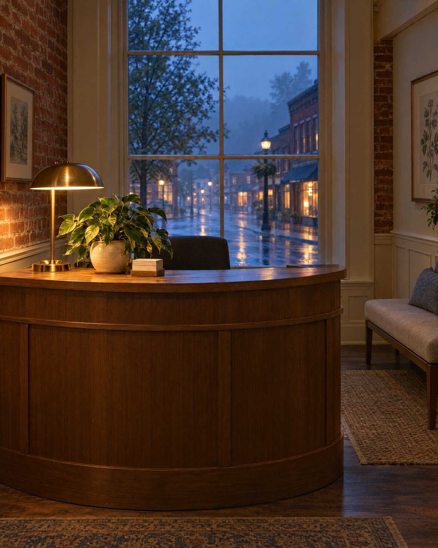 A calm front desk with a lamp and a plant in a small clinic at dusk